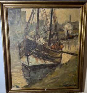 The boat in the harbor ( oil on canvas )