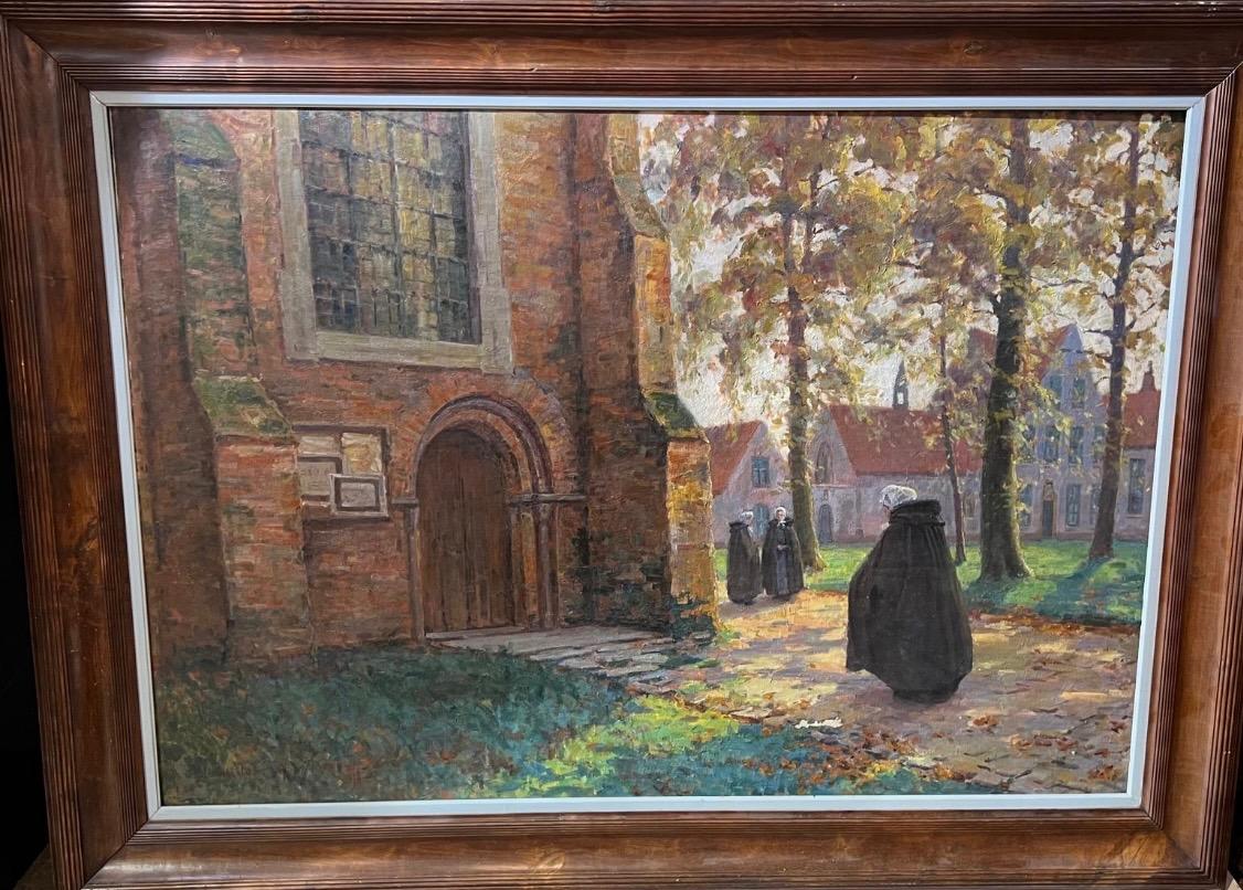 The daily life at the Beguinage of Bruges ( oil on canvas )