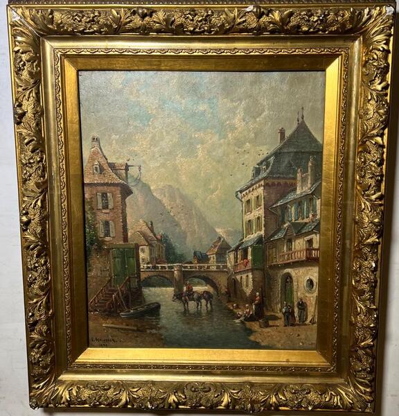 The daily life at the river ( oil on panel )