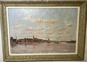 The daily life in the harbor of Burcht ( oil on canvas)