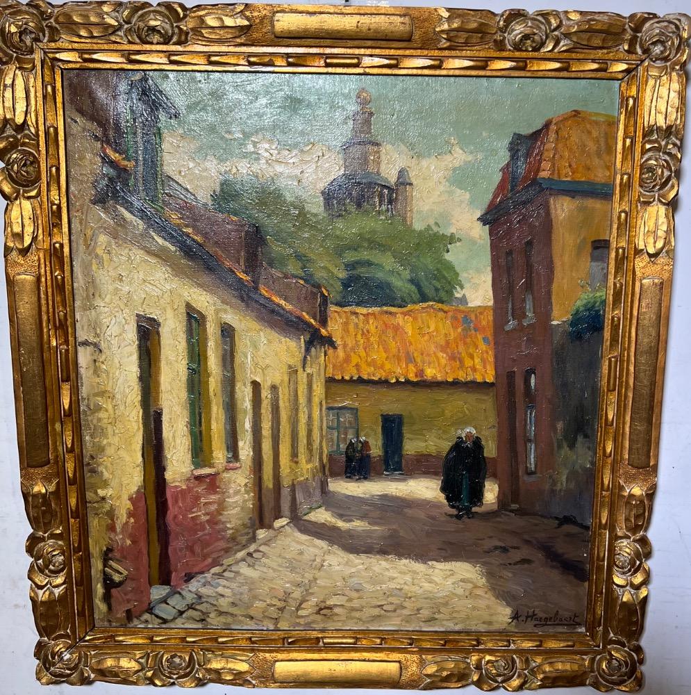 The daily life in the streets of Bruges ( oil on canvas )