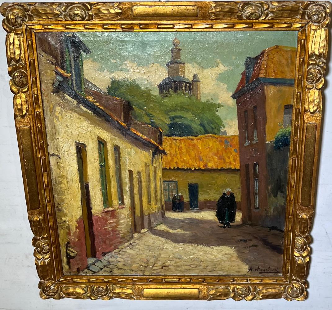 The daily life in the streets of Bruges ( oil on canvas )