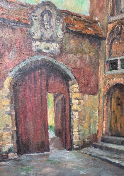 The entrance of the mansion in Bruges ( oil on board )
