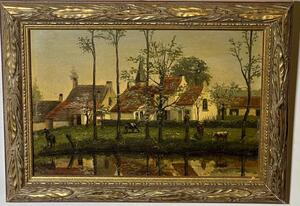 The farm at the riverside ( oil on panel )