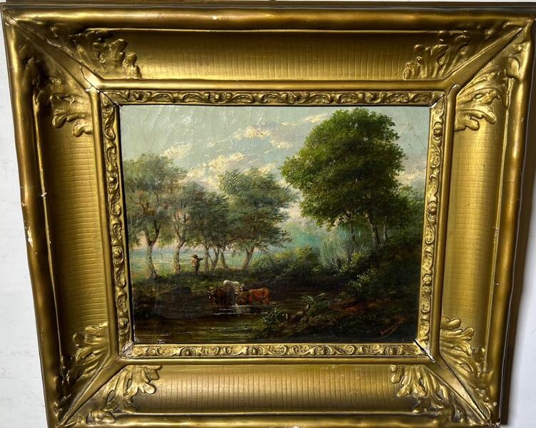 The farmer and his cows at the riverside ( oil on canvas)