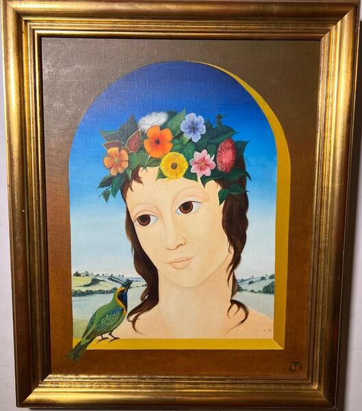 The flowergirl and her bird ( oil on canvas )