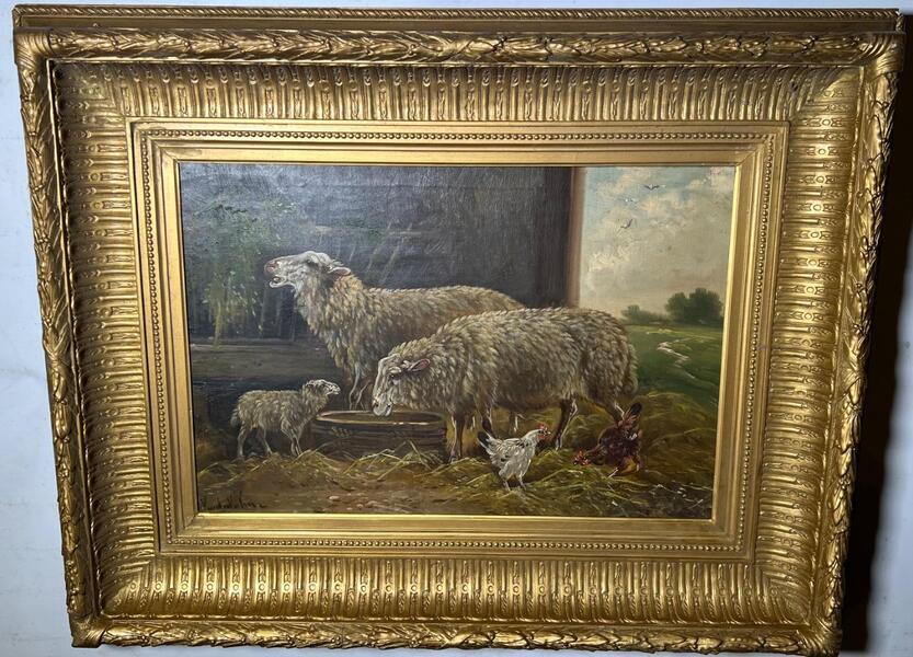 The happy sheep family and the roosters( oil on canvas )