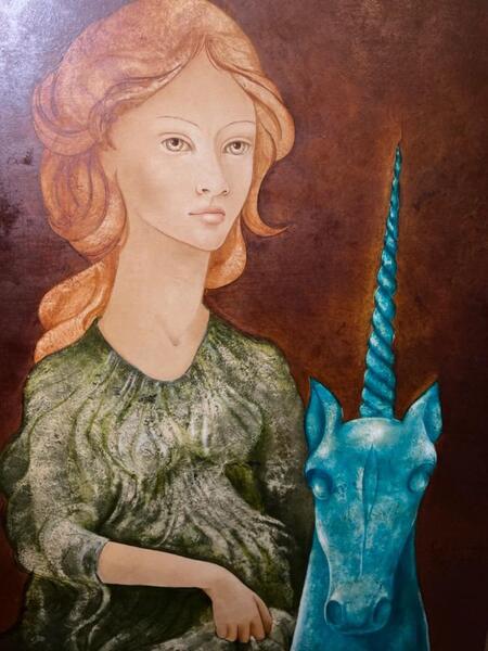 The lady and the unicorn ( oil on panel )