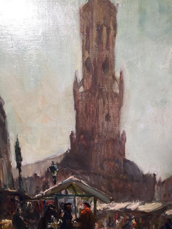 The marketsquare of Bruges in the summertime ( oil on canvas)