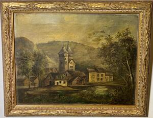 The peaceful village at the riverside ( oil on canvas)