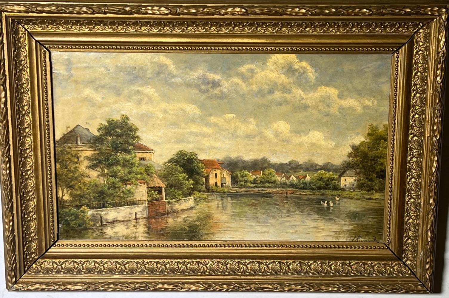The peaceful village at the riverside ( oil on canvas)