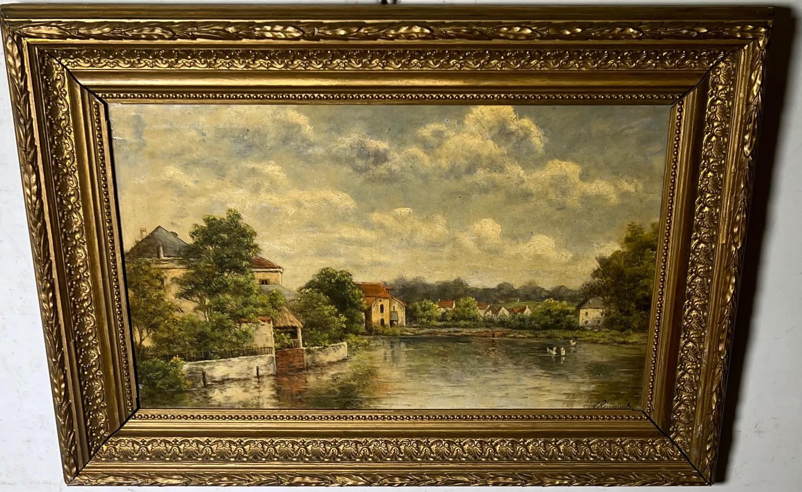 The peaceful village at the riverside ( oil on canvas)