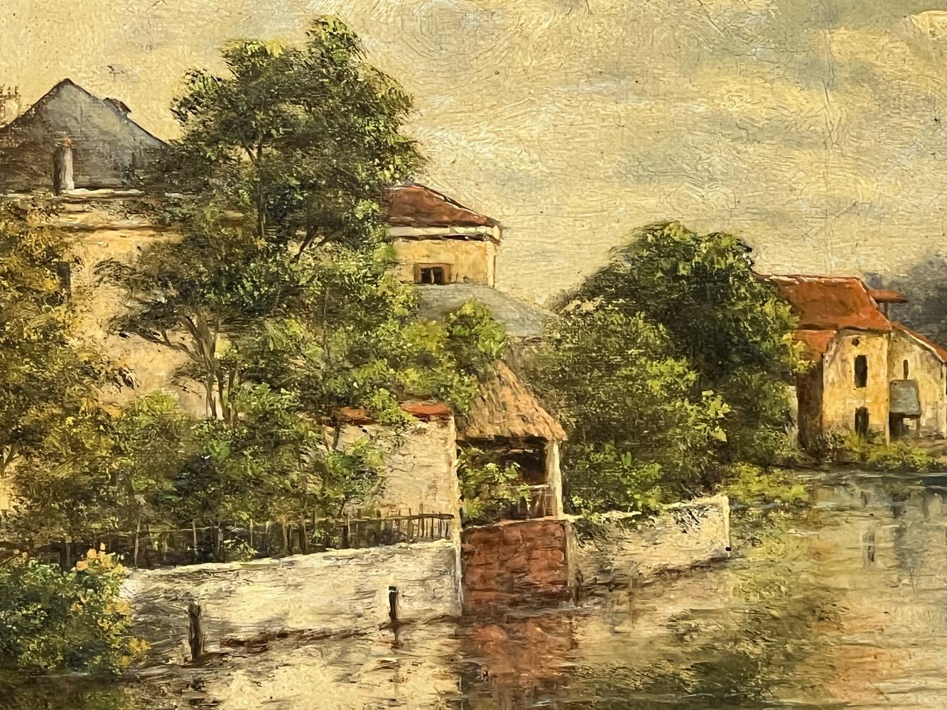 The peaceful village at the riverside ( oil on canvas)