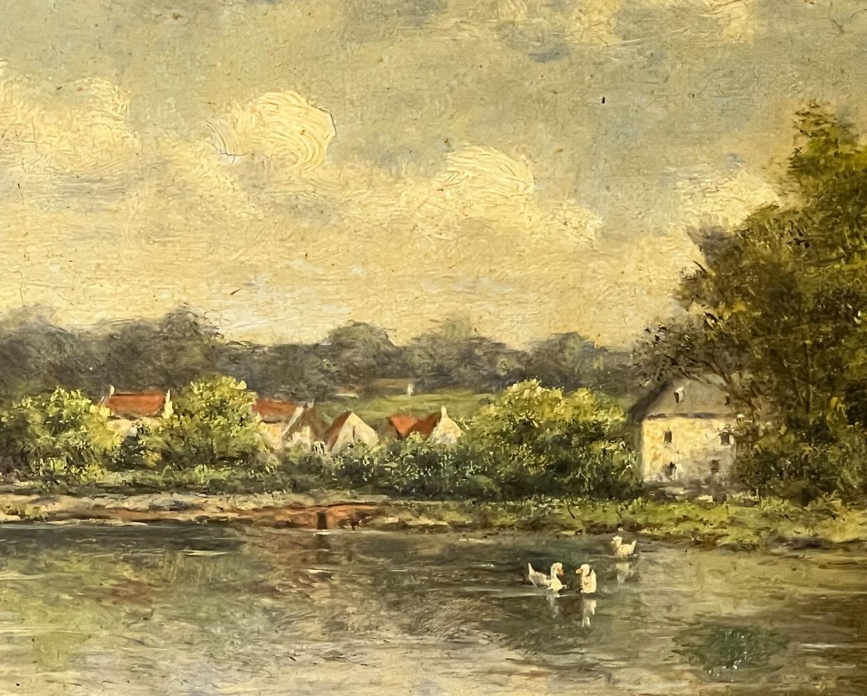The peaceful village at the riverside ( oil on canvas)