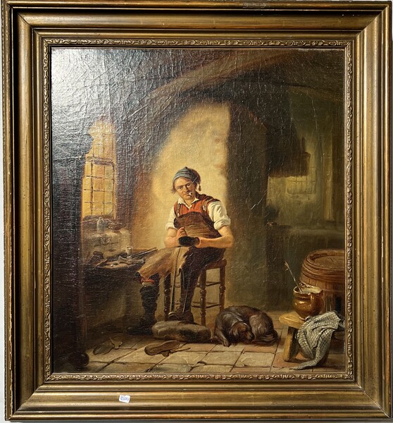The pipesmoking shoemaker with his dog ( oil on canvas )
