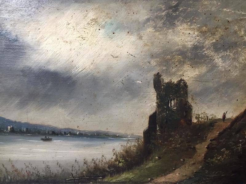 The ruin at the riverside ( oil on panel )