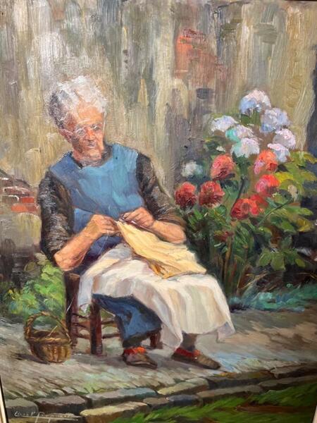 The seamstress in Bruges ( oil on panel )