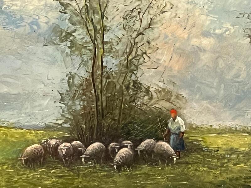 The shepherd with her sheep ( oil on panel )