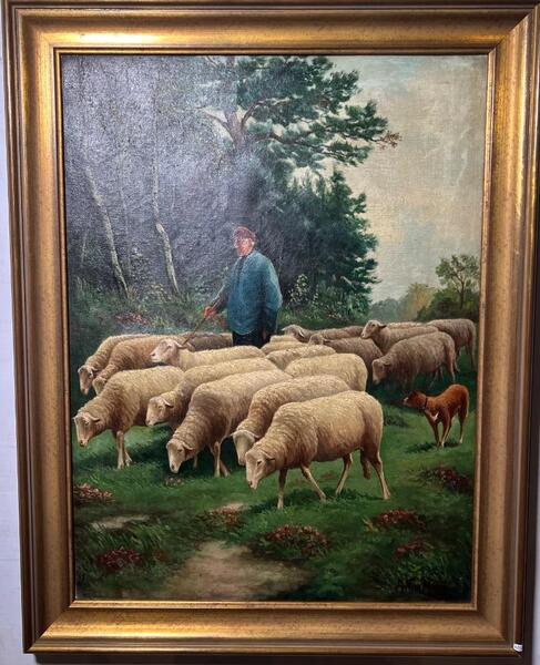 The shepherd with his sheep ( oil on canvas)