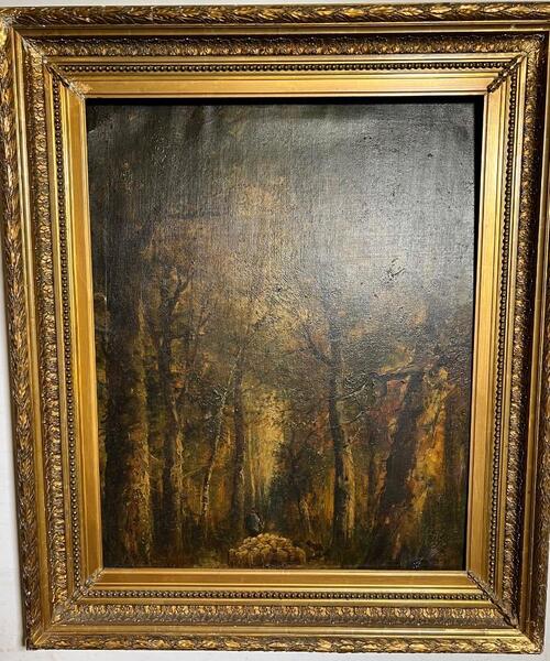 The shepherd with his sheep in the forest ( oil on canvas on board)