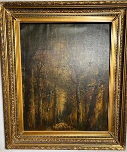 The shepherd with his sheep in the forest ( oil on canvas on board)