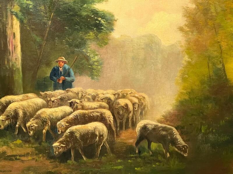 The shepherd with his sheep ( oil on canvas )