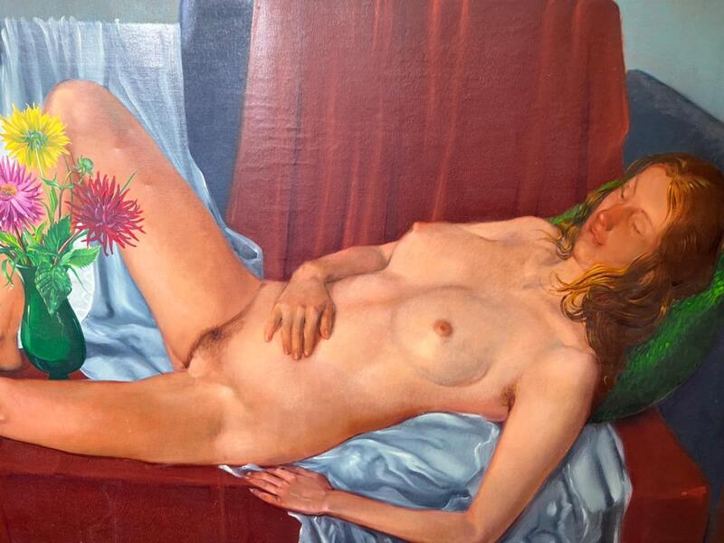 The sleeping model with a vase of flowers ( oil on canvas)
