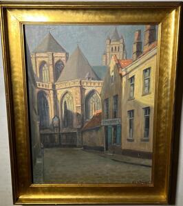 The street near the cathedral in Bruges ( oil on canvas )