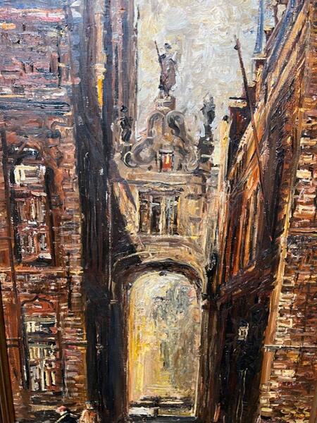 The street to the townhall of Bruges ( oil on canvas )