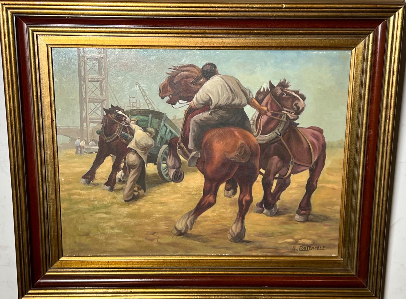 The stubborn horses in the harbour ( oil on panel )