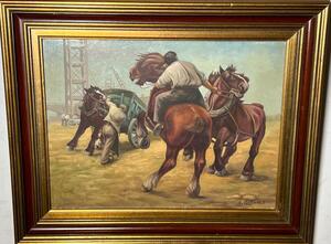 The stubborn horses in the harbour ( oil on panel )