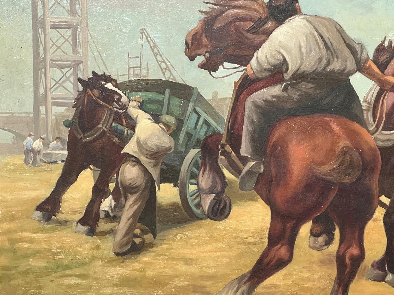 The stubborn horses in the harbour ( oil on panel )