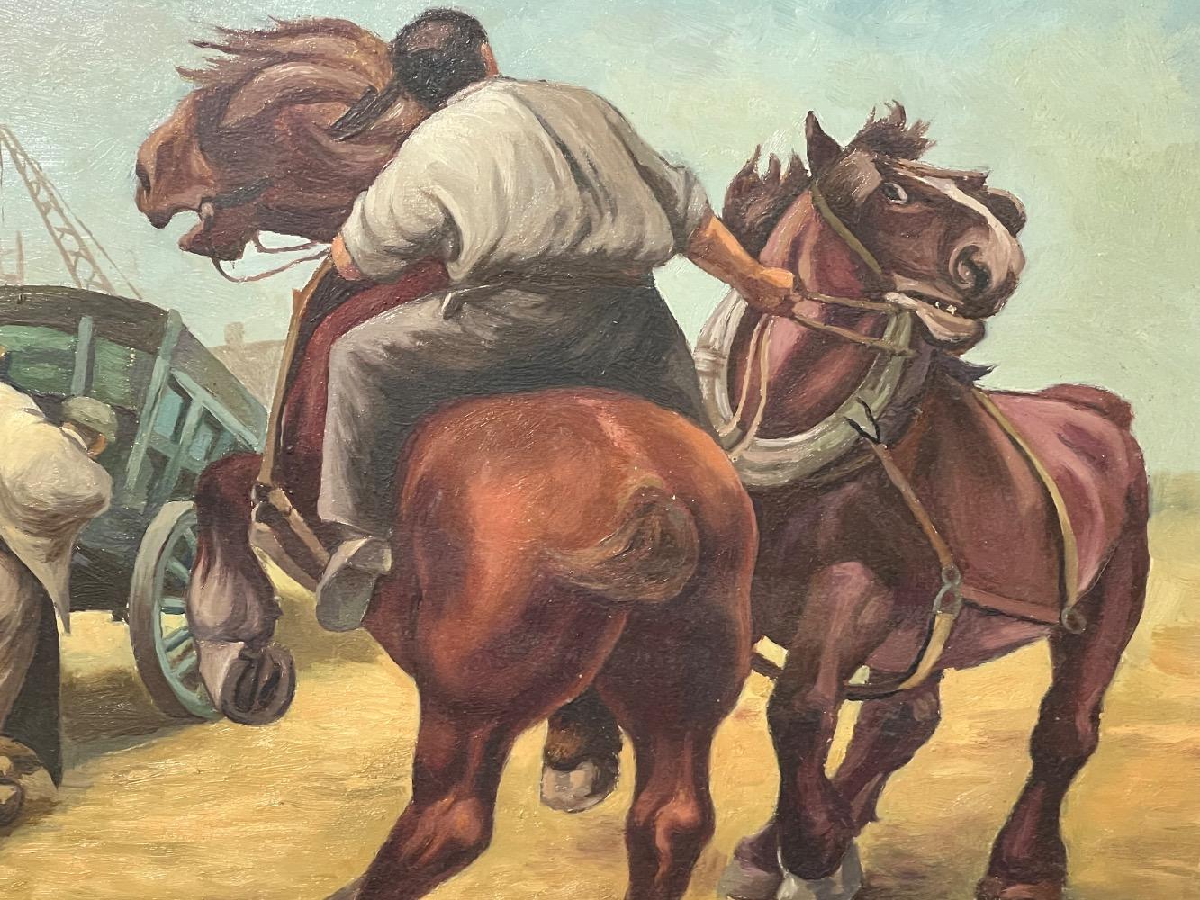 The stubborn horses in the harbour ( oil on panel )