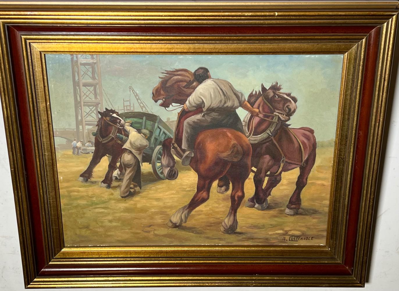 The stubborn horses in the harbour ( oil on panel )