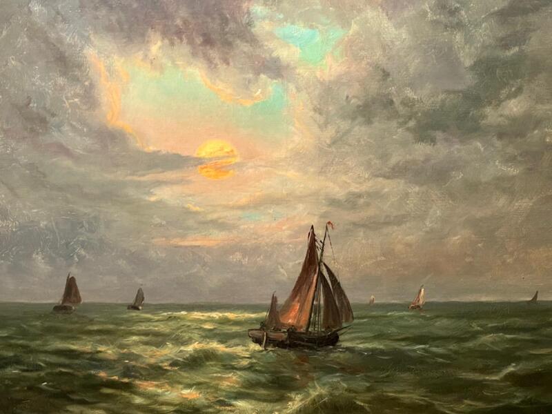 The sunset with the boats ( oil on canvas )