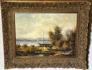 The boat at the riverside ( oil on canvas )