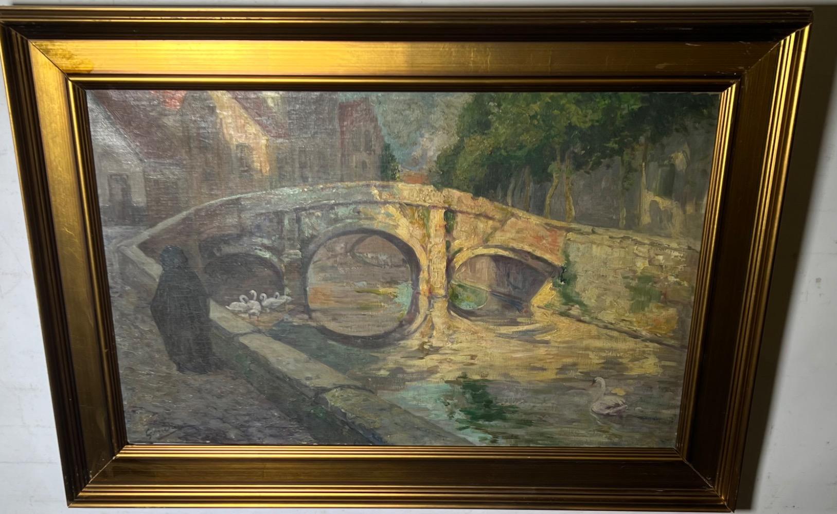 Walking along the canals in Bruges ( oil on canvas )