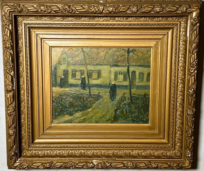 Walking in the Beguinage of Bruges ( oil on panel )