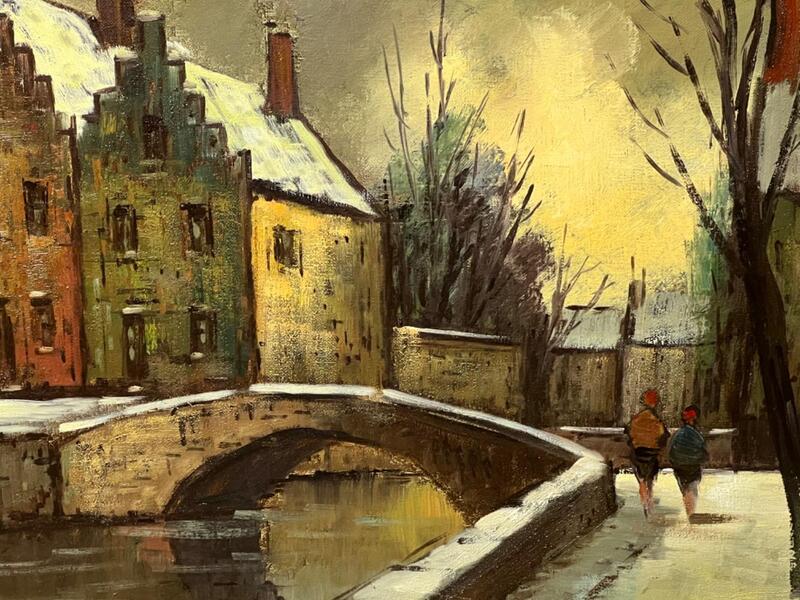 Walking in the streets of Bruges in the wintertime ( oil on canvas )
