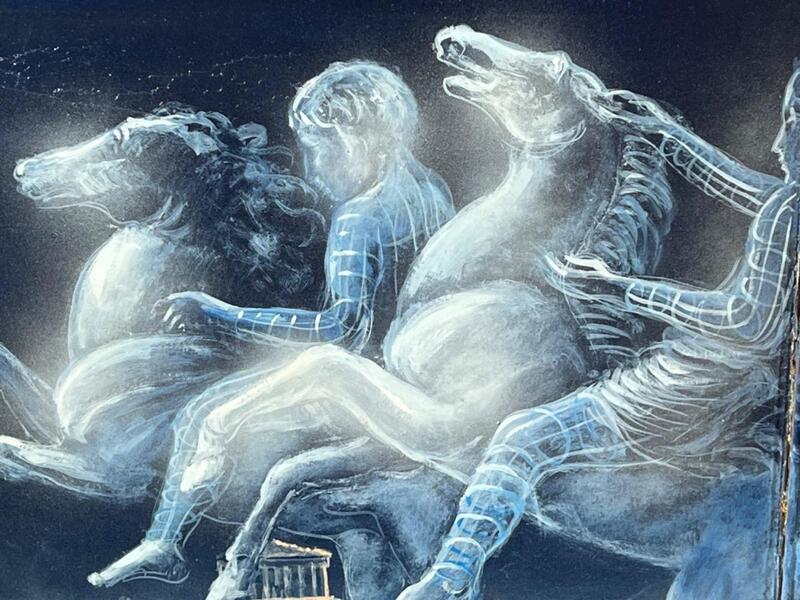 Young horsemen in a surreel landscape ( oil on panel )
