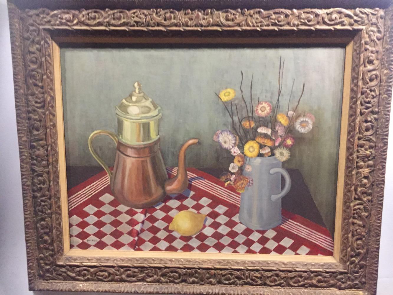 Stillife with flowers and a lemon( oil on canvas)
